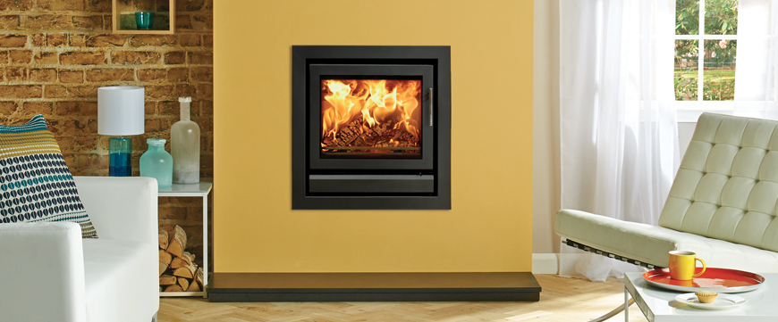 Stovax Riva 50 inset fire with standard 4 sided frame in Jet Black Metallic with removable handle in situ.