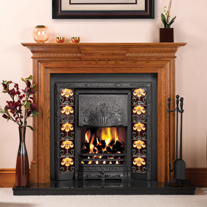 Gas fire version of Art Nouveau Convector Fireplace. Shown with Yellow Iris tube-lined tiles and Stovax Chatsworth wood mantel