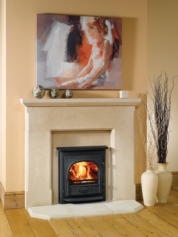  Convector stove with flat top, shown here in Matt Black, burning logs