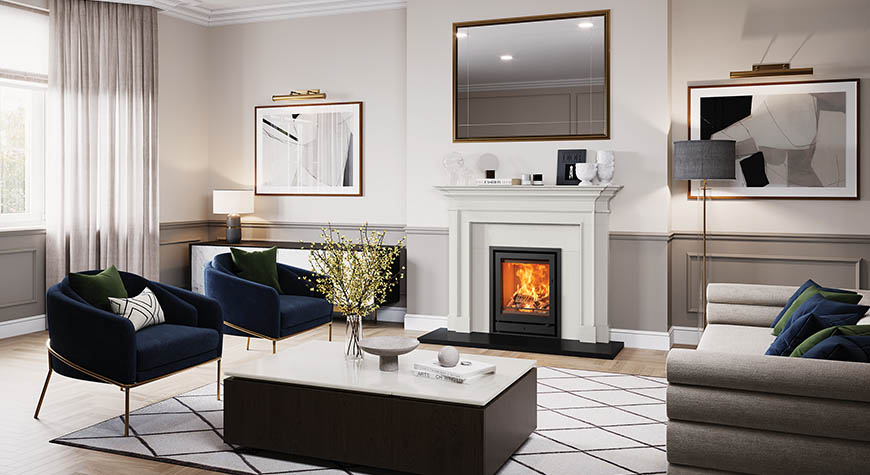 Stovax Riva2 55 Ecodesign fire, and Profil XS 3-sided frame in a Sandringham Limestone Mantel
