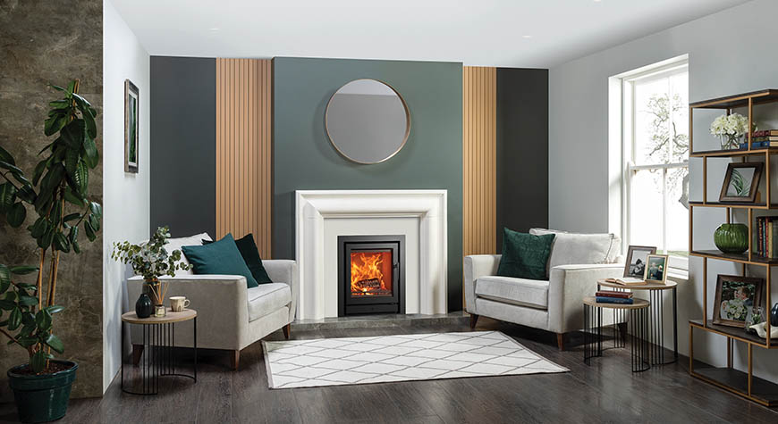 Stovax Riva2 55 Ecodesign fire, and Profil 3-sided frame in Grafton Limestone Mantel