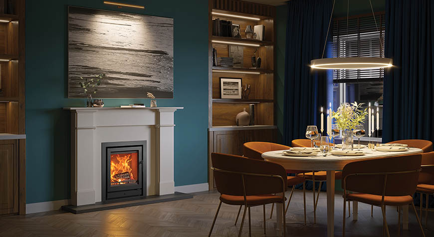 Stovax Riva2 55 Ecodesign fire, and Profil 3-sided frame in Claremont Limestone Mantel