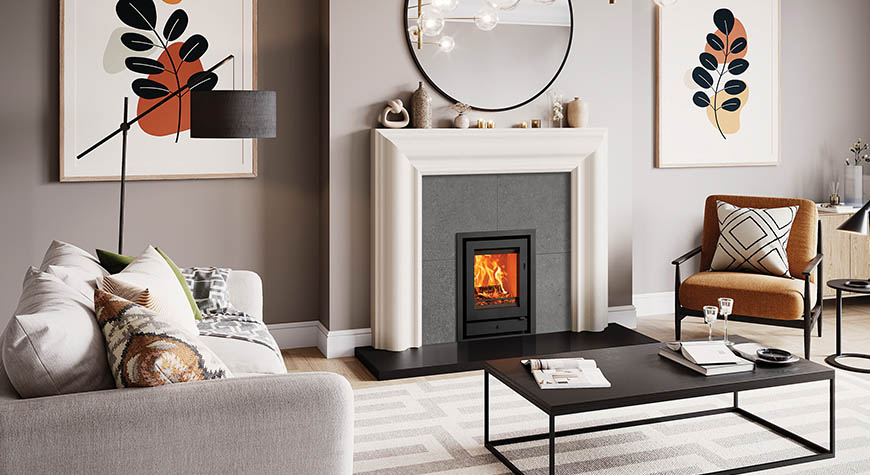 Stovax Riva2 40 Ecodesign fire, and Profil XS 3-sided frame in Grafton Limestone Mantel