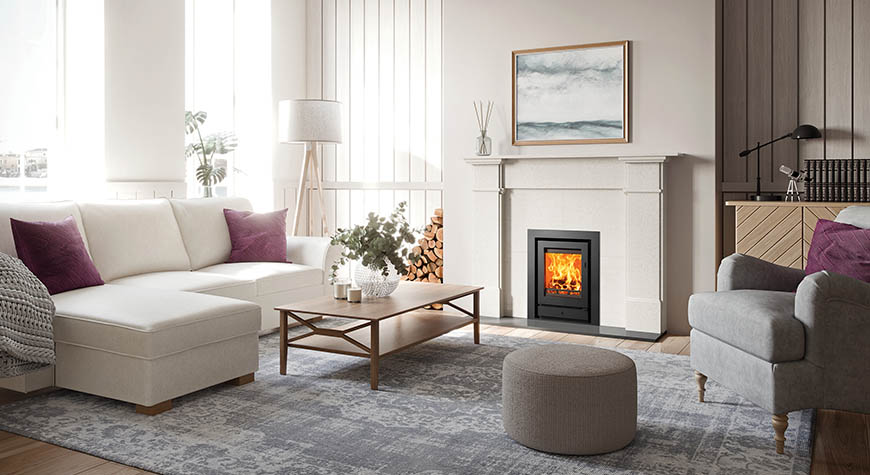 Stovax Riva2 40 Ecodesign fire, and Profil 3-sided frame in Claremont Limestone Mantel