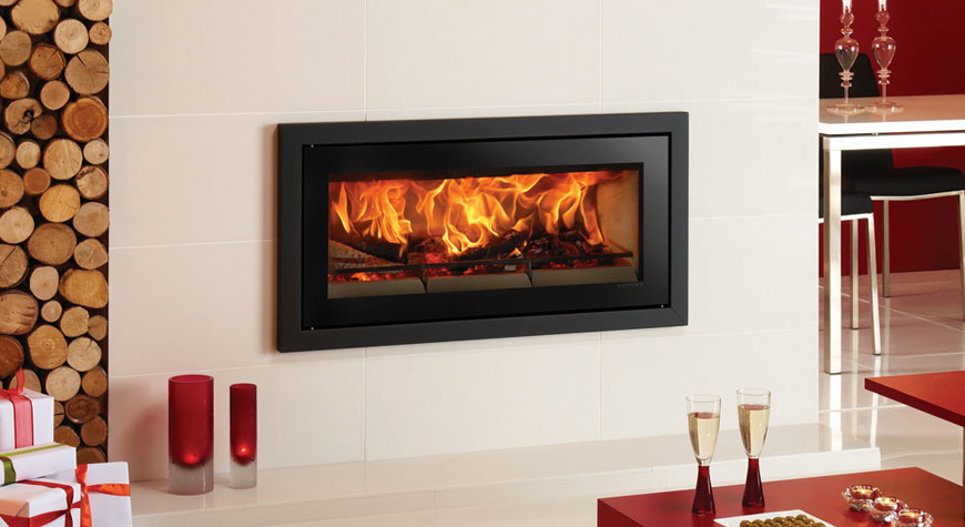 Stovax Studio 2 Profil inset wood burning fire in Jet Black Metallic shown with Parisian White 60 x 30cm Fireplace Tile Surround