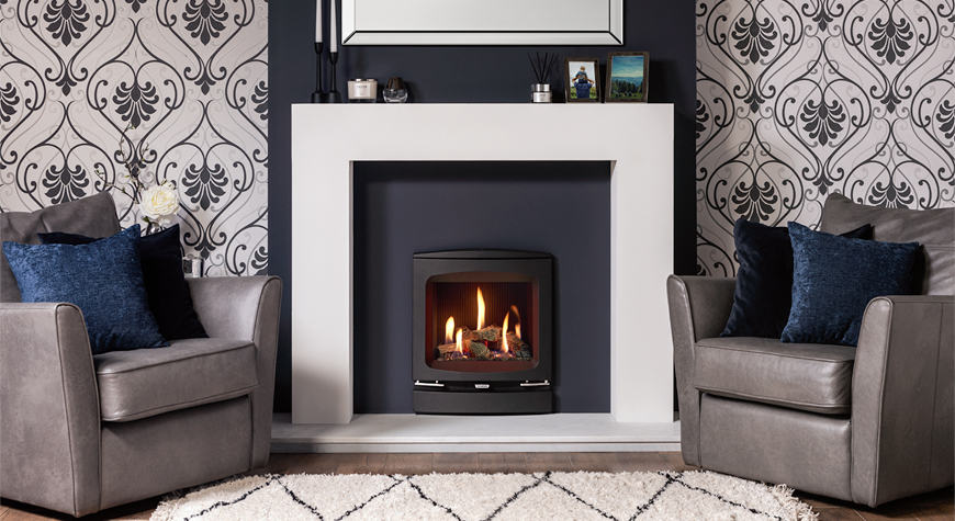 Gazco Logic™ HE Balanced flue fire with Log-effect fuel bed and Vogue front in Malmo Mantel with Marble Hearth