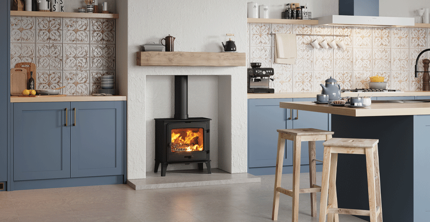 Wood burning stove in a kitchen