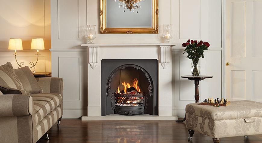 Stovax Adelaide Insert fireplace with Victorian Corbel Limestone mantel, Matt Black without Ashpan Cover, Matt Black