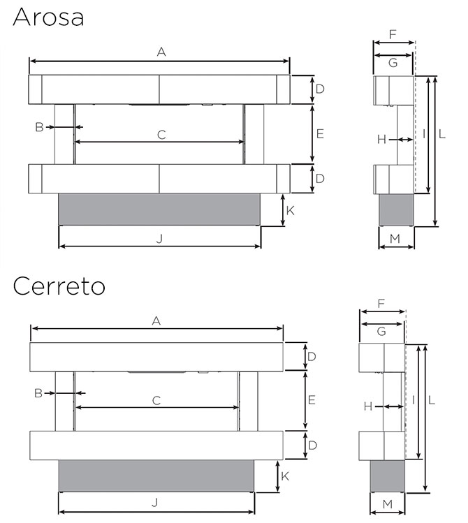 eStudio Arosa & Cerreto 140 Electric Fires Dimensions