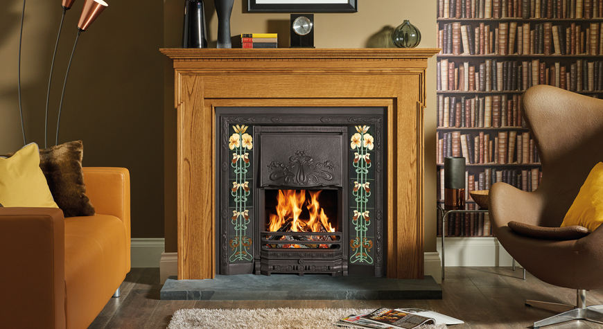 Stovax Art Nouveau Tiled Convector Fireplace in Matt Black with Evening Primrose 5 tile sets. Shown with Carlton wooden mantel in Light Oak.