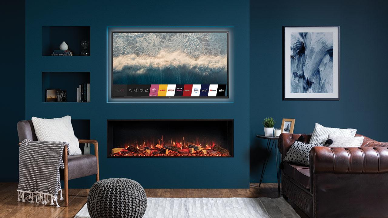 Onyx Avanti 150RW inset electric fire installed within a media wall. Shown with optional Mood Lighting System installed. Avanti Electric Fires