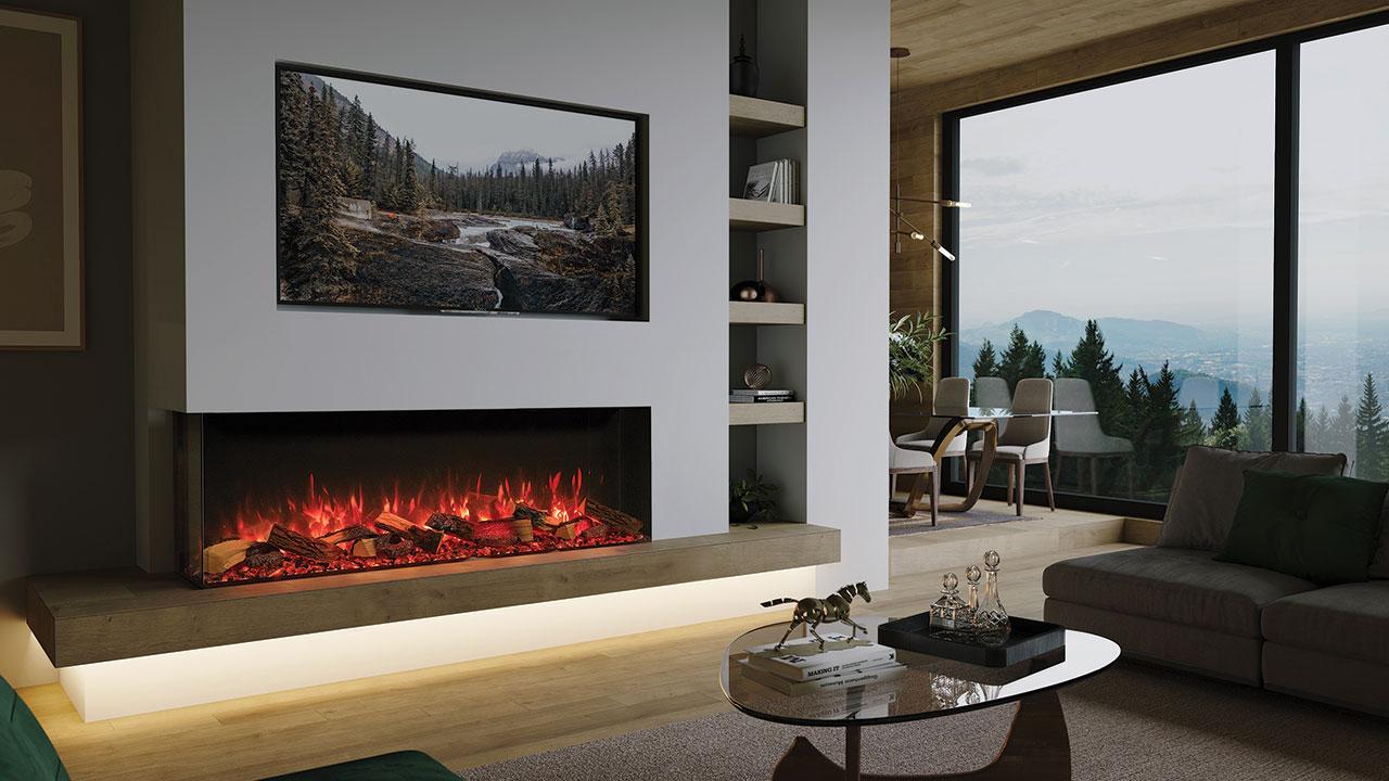 Onyx Avanti 150RW electric fire installed as a two-sided corner fire. Shown with optional Mood Lighting System installed. Avanti Electric Fires