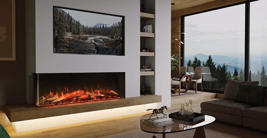 Onyx Avanti electric fire with real logs. Modern fireplace.