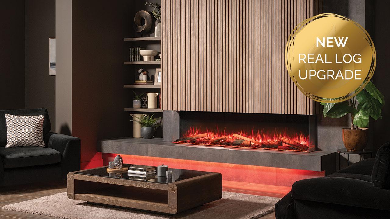 Onyx Avanti 190RW three-sided electric fire with optional Luxury Logscape real wood log set. Shown with optional Mood Lighting System installed. Avanti Electric Fires