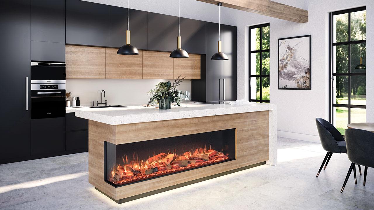 Onyx Avanti 190RW with optional Split Silver Birch Log effect, installed as a two-sided corner fire in a kitchen. Shown with optional Mood Lighting System. Avanti Electric Fires