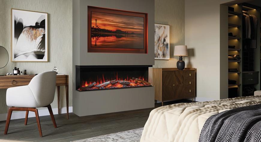 Onyx Avita 160RW electric fire, installed as a three-sided electric fire. Shown with optional mood lighting kit.