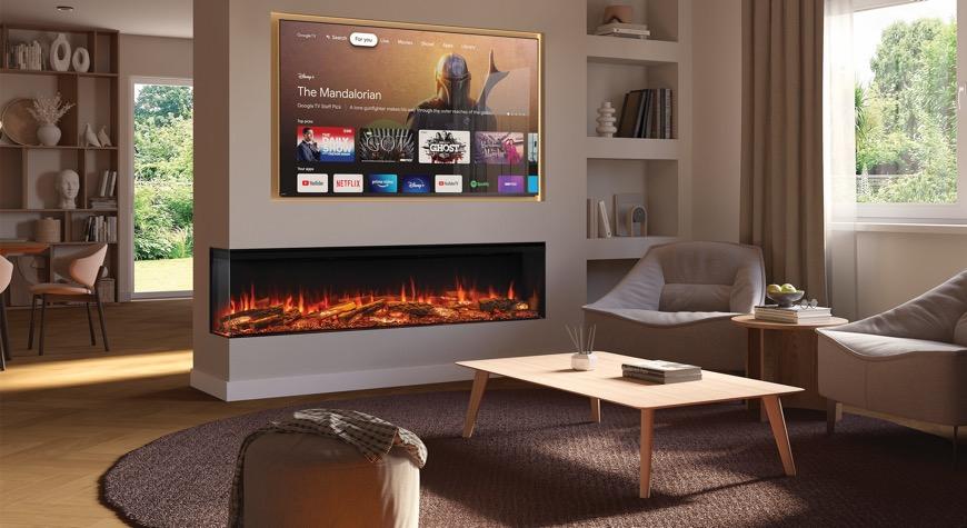 Onyx Avanti 190RW electric fire, installed as a two-sided fire. Shown with optional mood lighting kit.