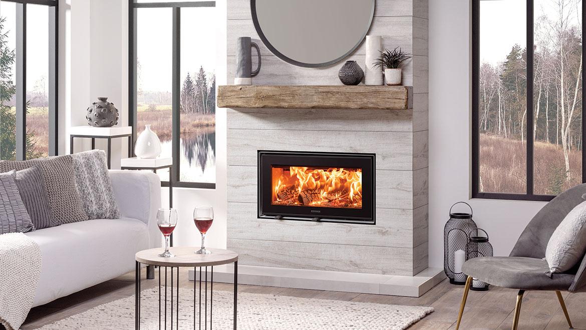 Stovax Studio Air 1 Edge inset log burner. Shown with Storm Grey Decorative Trim and Optional Reverse Door Hanging Kit. The Ultimate Guide to Hygge: Designing a Cosy and Inviting Home