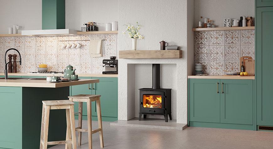 Stovax County 8 wood burning stove and spring decor kitchen