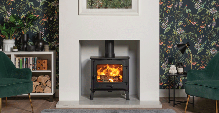 Stovax County 8 wood burning stove. Wallpaper trends for 2023.