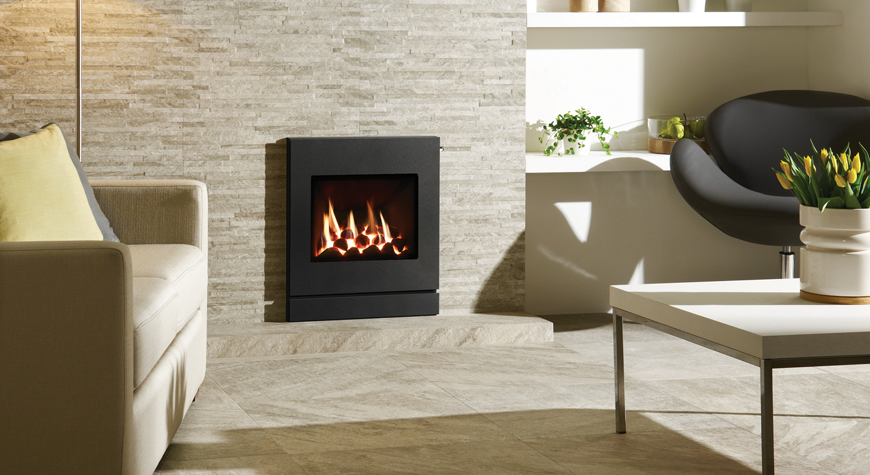 Gazco Logic™ HE Balanced flue fire with Coal-effect fuel bed, shown with Designio2 Steel complete front in graphite with Slide control