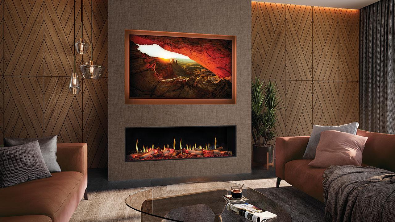 Onyx Fusion 150RW inset electric fire installed as in a media wall. Shown with optional mood lighting system installed. Media Wall Electric Fires & Fireplaces