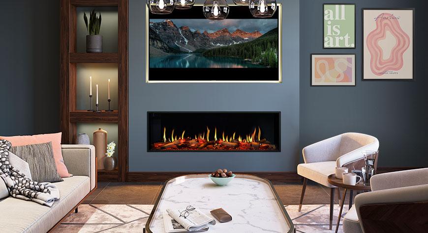 Onyx Fusion 150RW inset electric fire shown installed into a tv media wall with spring decor elements