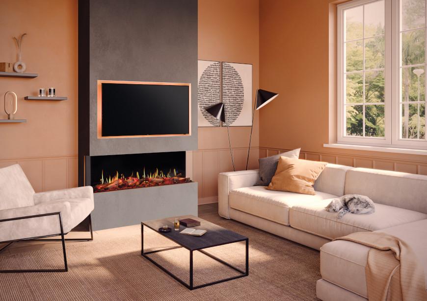 An electric fire in a cosy minimalistic living room