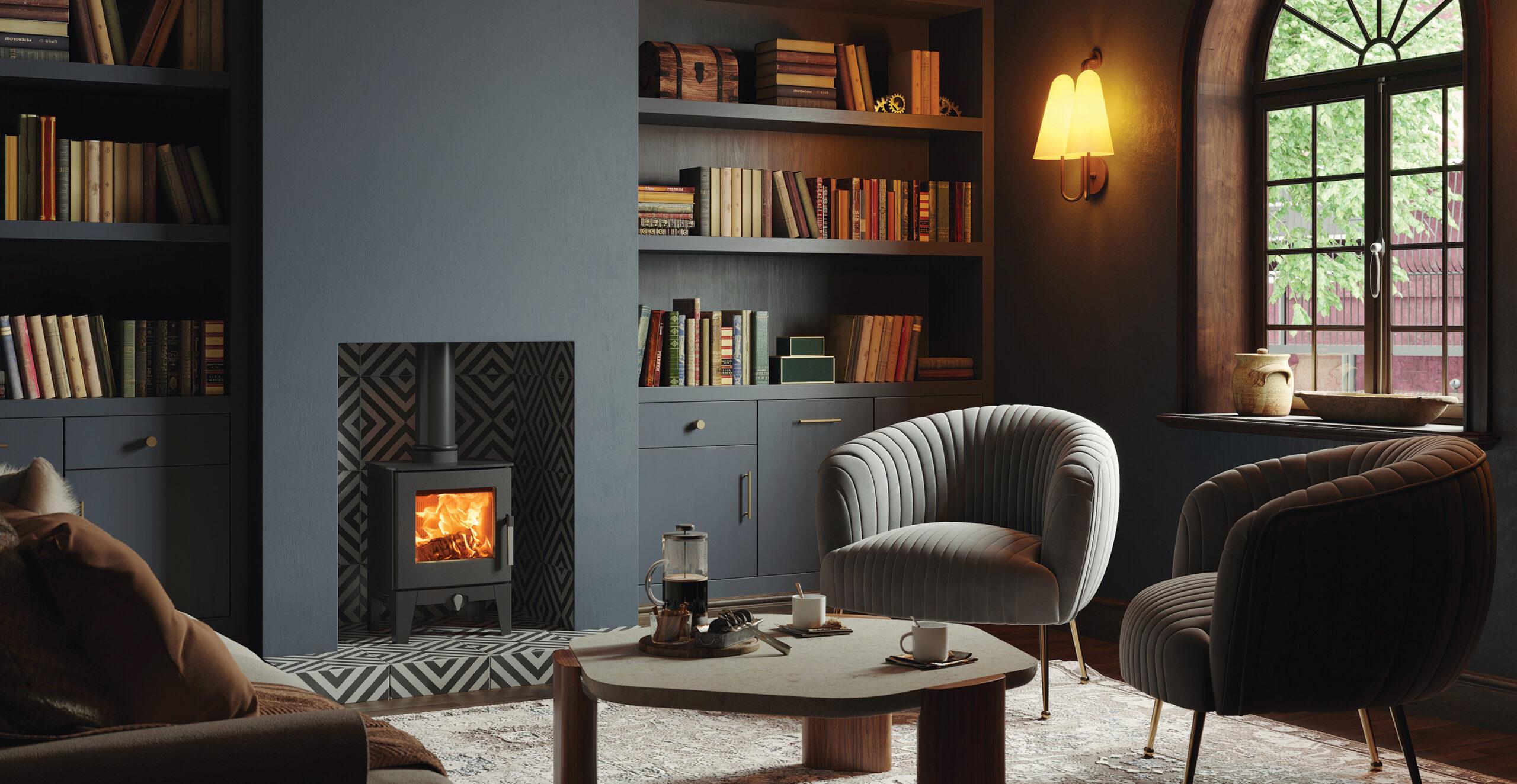 Stovax Futura 4 log burner. Modern fireplace with bold tiles.
