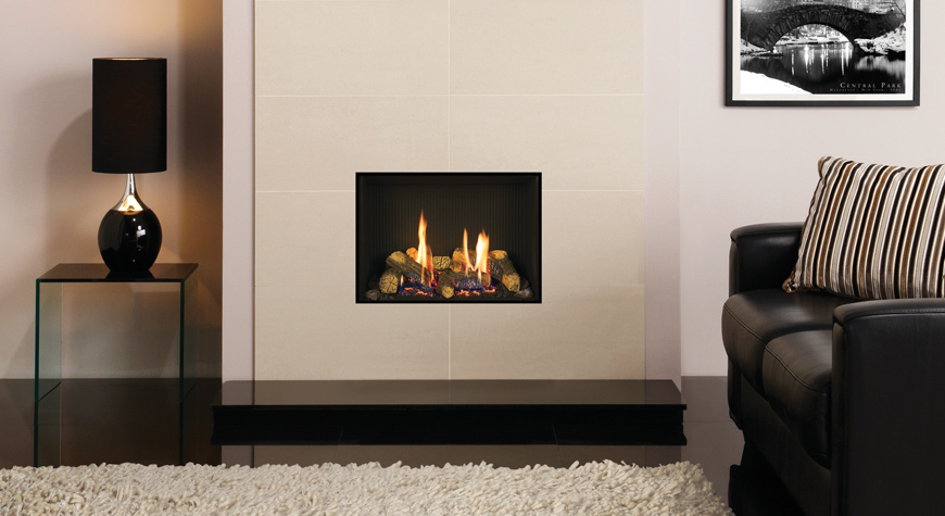 Gazco Riva2 500 Edge gas fire with Black Reeded lining shown with Valencia Crema Polished fireplace surround tiles