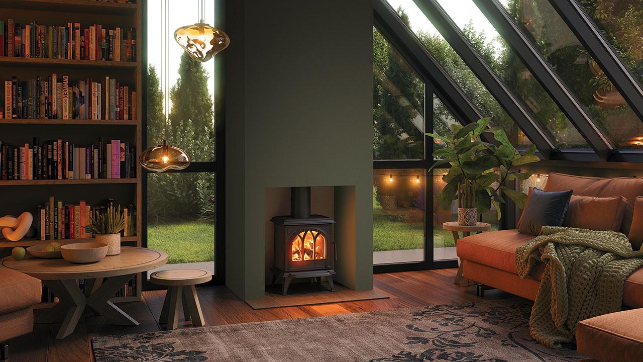 Stovax Huntingdon 20 wood and multi fuel stove with tracery door in a garden room Huntingdon Wood & Multi-Fuel Stoves