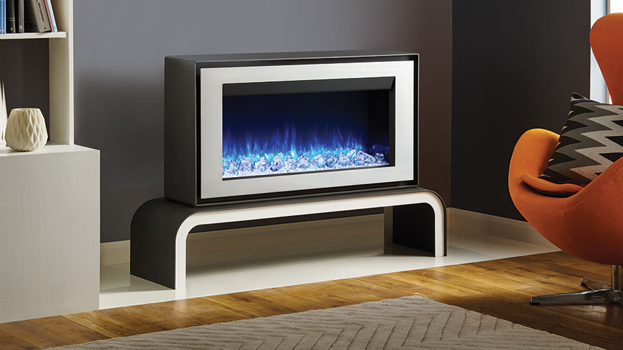 Gazco Liberty 85 Freestanding Electric Fire in white on matching Bench