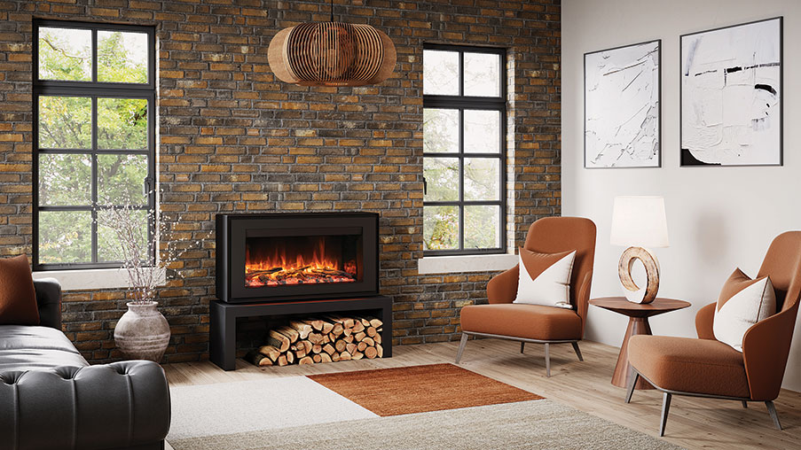 Gazco Liberty 85 Freestanding Electric Fire in black on 120 High Stove Bench