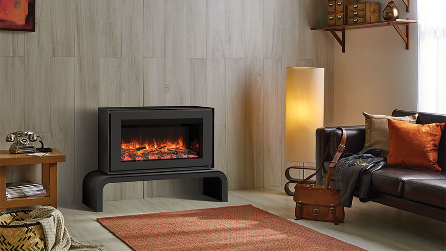 Gazco Liberty 85 Freestanding Electric Fire in black on matching Bench