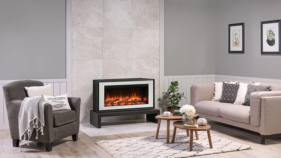 Gazco Liberty 85 Freestanding Electric Fire in white on a 120 Low Deep Stove Bench