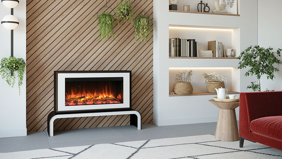 Gazco Liberty 85 Freestanding Electric Fire in White on matching Bench