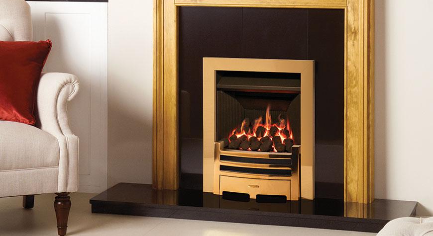 Logic Convector conventional flue fire with Polished Brass-effect Arts front.