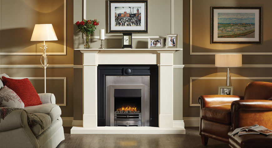 Gazco Logic2 Electric Chartwell with brushed steel effect frame and highlight polished front with grey pebble fuel effect