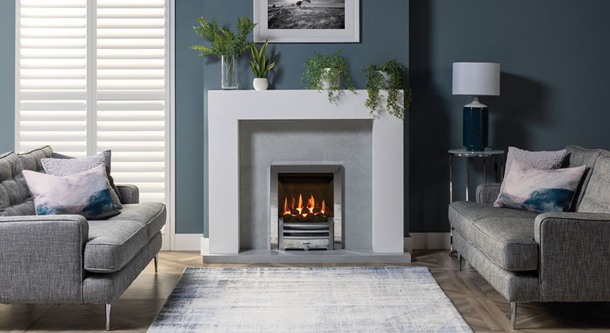 Stovax Malmo Mantel in White and Logic HE coal-effect balanced flue with Arts front in highlight polished-effect