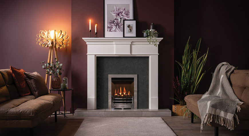 Logic HE balanced flue fire with coal-effect and Polished Chrome-effect Arts front. Shown with white Pembroke wooden mantel.