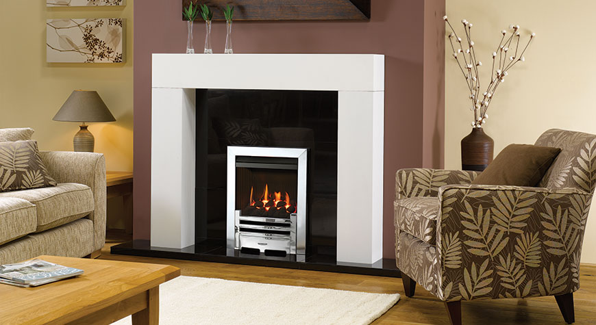 Stovax Malmo Mantel in White and Logic HE coal-effect balanced flue with Arts front in polished chrome-effect