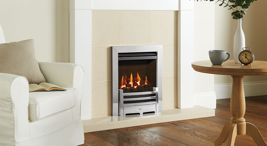 Logic HE balanced flue fire with coal-effect and Polished Chrome-effect Arts front. Shown with white Brompton wooden mantel.