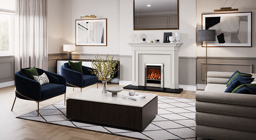 Gazco Logic™ HE Conventional flue fire with Coal-effect fuel bed and Tempo front in Polished Stainless finish. Also shown: Sandringham Limestone Mantel from Stovax.