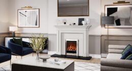 Gazco Logic HE gas fire with Tempo Complete front in Polished Stainless finish. Installed within a Sandringham Limestone Mantel