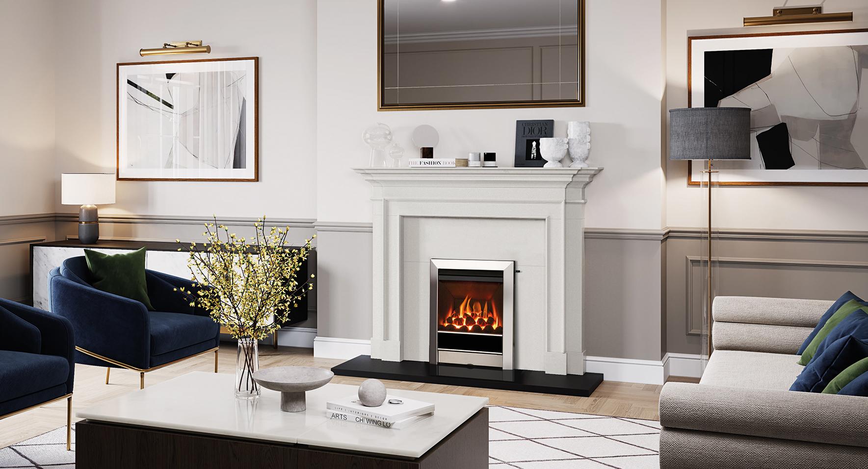 Gazco Logic HE gas fire with Tempo Complete front in Polished Stainless finish. Installed within a Sandringham Limestone Mantel Hearth Mounted Gas Fires