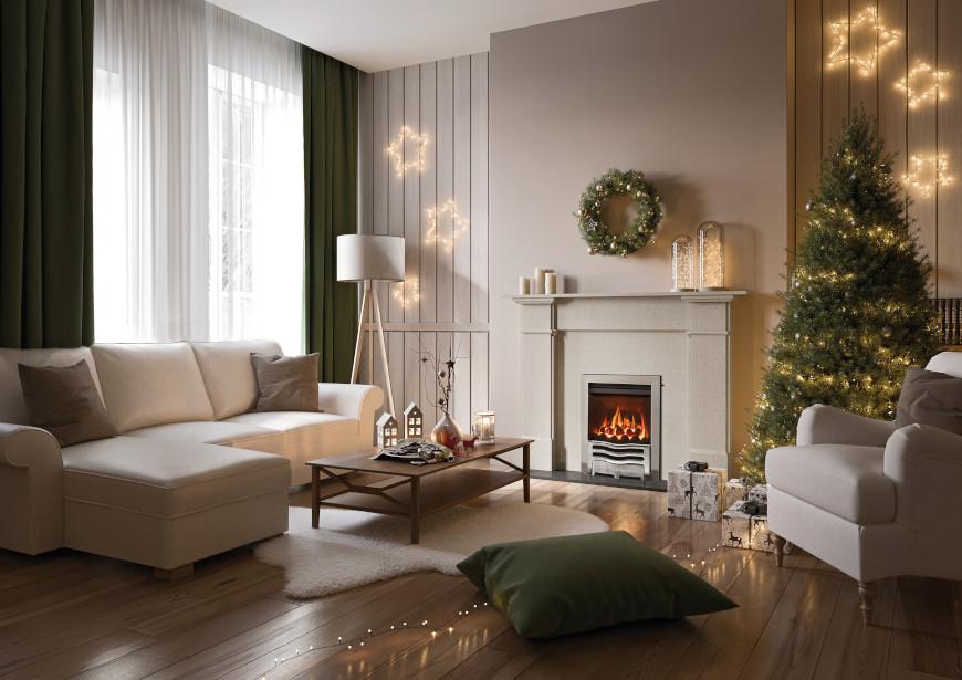 A neutrally decorated Christmas living room with a coal-effect gas fire keeping it warm.