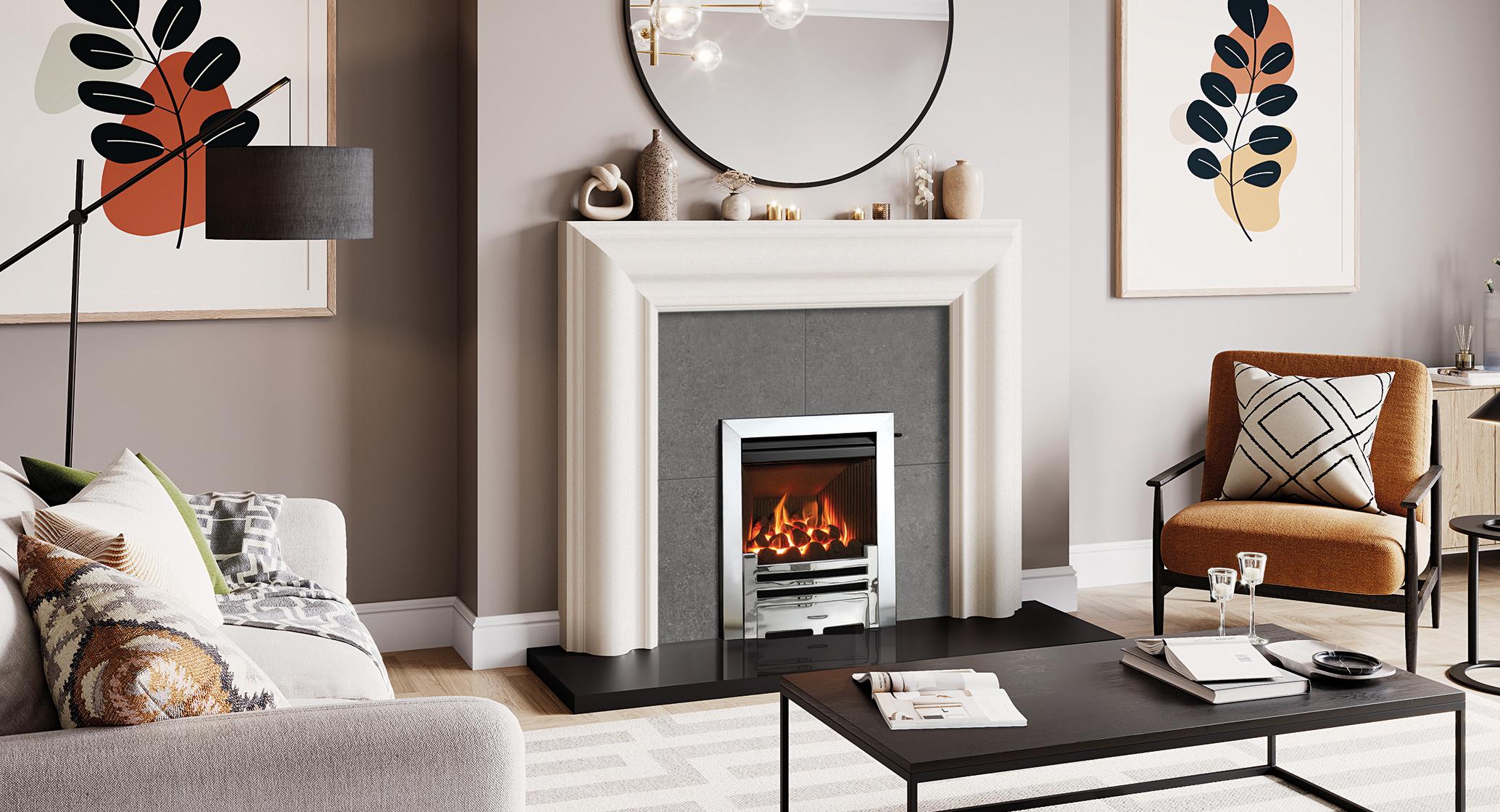 Gazco Logic HE gas fire with Polished Chome Arts front and Polished Stainless Steel Box Profil2 frame. Installed within a Grafton Limestone mantel. Hearth Mounted Gas Fires