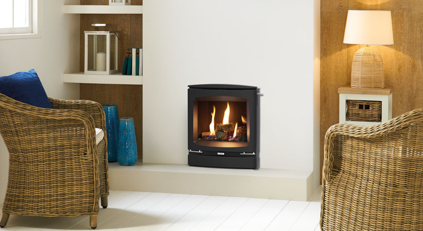 Gazco Logic™ HE Balanced flue fire with Log-effect fuel bed and Vogue Inset front with Slide Control