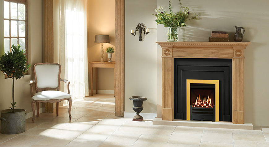 Gazco Logic HE with black Arts front and Brass effect Box Profil2 frame and Small Georgian mantel