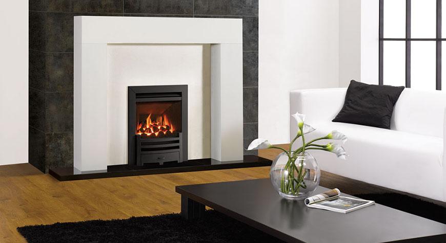 Stovax Malmo Mantel in White and Logic HE coal-effect conventional flue with Arts front in matt black